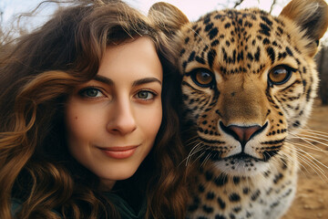 Picture of a smiling woman hugging wild animal tiger generative AI concept
