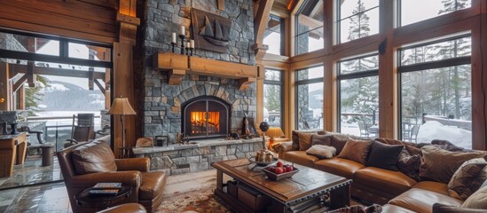 Custom-built stone fireplace creates a cozy focal point for gatherings and relaxation.