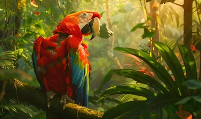 Beautiful cute funny bird of red feathered ara parrot outdoor on green natural background. Playful Ara Parrot in Outdoor Environment
