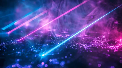Poster Intense laser light in blue and violet hues shines across a dark background © Orxan