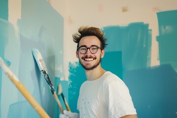 Cheerful man painting interior wall in blue color, new home  redecoration and renovation project