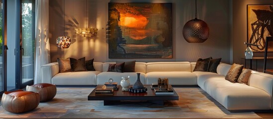 Designer lighting fixtures and artwork add sophistication and personality to interior spaces.  - obrazy, fototapety, plakaty
