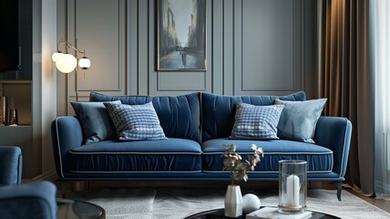 Fototapeta na wymiar In a fusion of contemporary design and timeless comfort, a luscious blue sofa takes center stage in a meticulously crafted living room.