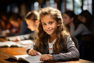 Fototapeta premium Smiling schoolgirl sitting at desk with book at school