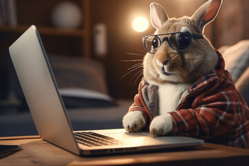 Generative AI image of funny rabbit looking at the laptop computer screen cozy flat