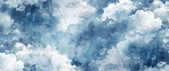 Abstract Blue Clouds in a Watercolor Background, Gray and Blue clouds with a light gray background on textured paper, soft watercolors used to create an atmospheric scene Generative AI - obrazy, fototapety, plakaty