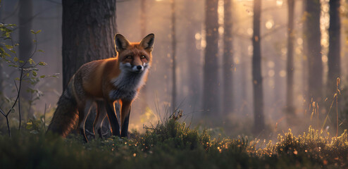 Charming red fox exploring a misty woodland
