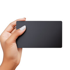 A female hand holding a black plastic credit card with blank for text or design isolated SVG on a transparent background