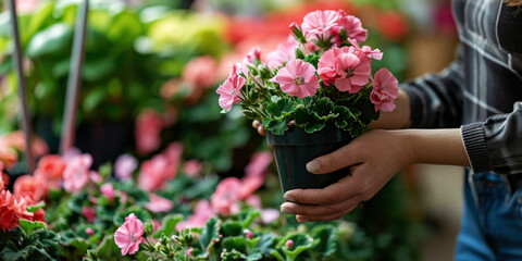 woman choosing flowers to buy at garden centre. closeup of holding flowerpot in hands. banner with copy space - 786504692