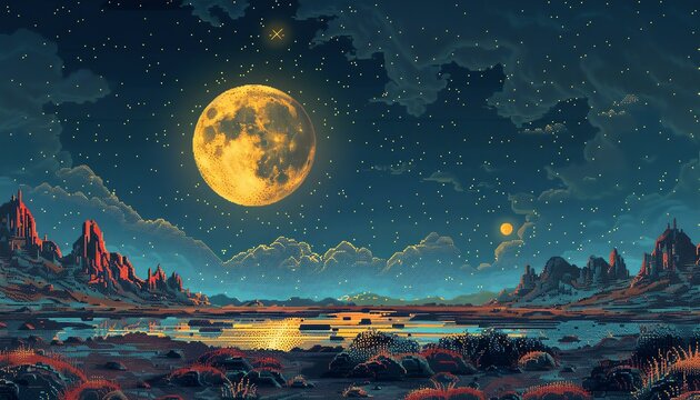 A beautiful pixel art landscape of a desert at night with a full moon and stars in the sky.