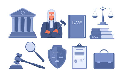 A set of illustrations on the theme of court, law, legal services and defense in court. Male judge in a wig, courthouse, scales, law book, contract, gavel, magnifying glass, shield. Blue vector banner
