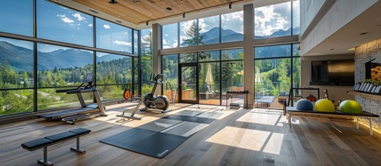 Fitness area with exercise equipment allows for workouts with inspiring mountain views.  - obrazy, fototapety, plakaty