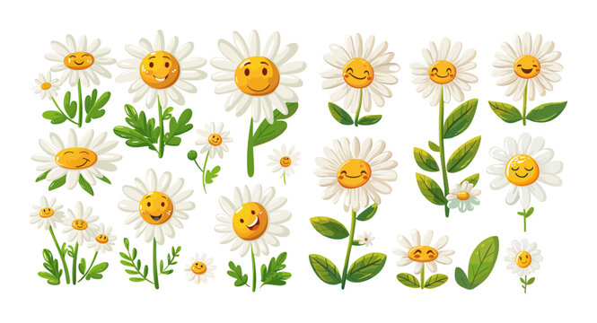 Chamomile flowers smiling characters cartoon vector set. Funny plants flora faces children creatures design illustrations isolated on white background