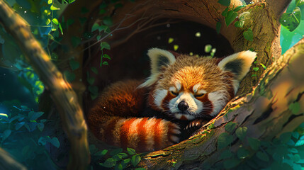 Charming red panda snuggled up in a cozy tree