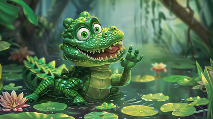 Cute Cartoon Alligator Character in the Swamp - obrazy, fototapety, plakaty