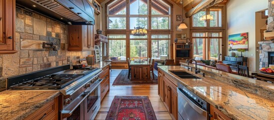 Gourmet kitchen equipped with top-of-the-line appliances and granite countertops elevates cabin living.  - obrazy, fototapety, plakaty