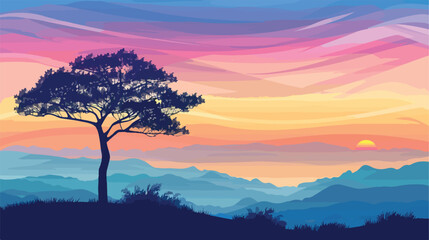 Vector landscape. Silhouette of tree on the background