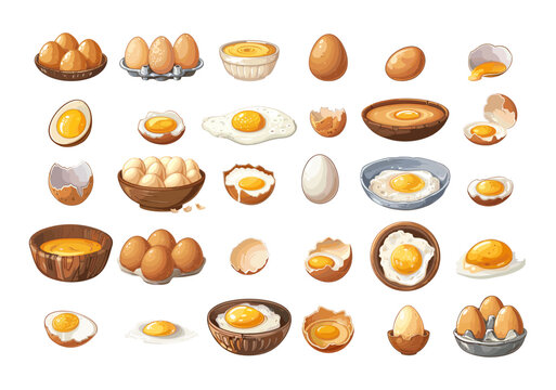 Chicken eggs cartoon vector set. Shell broken leak packed yolk scrambled boiled bowl plate protein illustrations isolated on white background