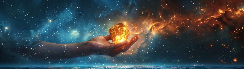 An illustration of a hand holding a golden crystal in space - obrazy, fototapety, plakaty