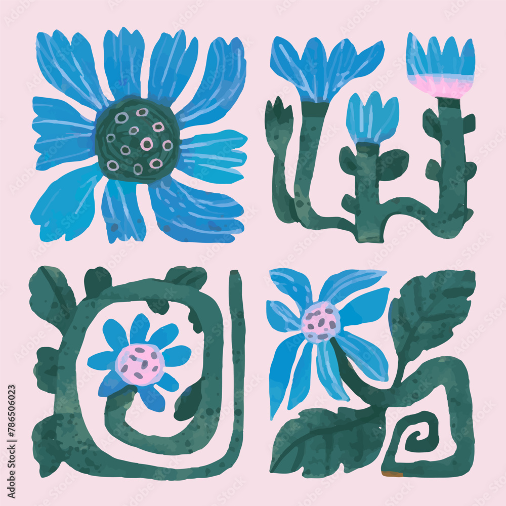 Wall mural Blue flowers set. watercolor vector illustration for pattern design.