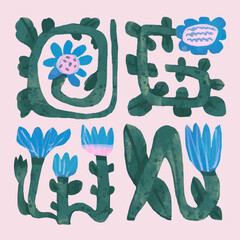 Blue flowers set. watercolor vector illustration for pattern design.
