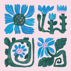Blue flowers set. watercolor vector illustration for pattern design.