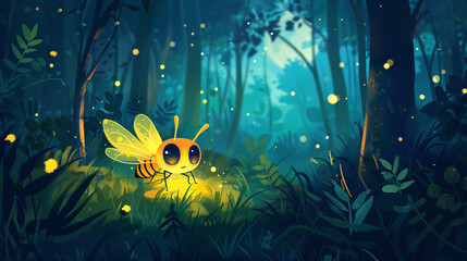 Fototapeta na wymiar Cute Cartoon Firefly in the Woods