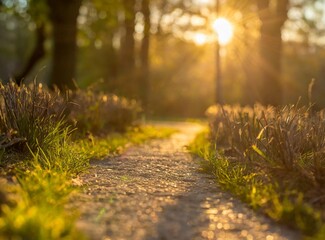 Sunlit path in a park before sunset