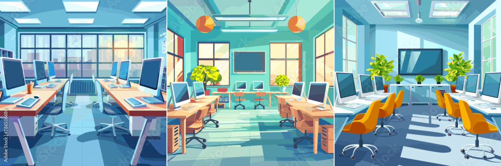 Aufkleber computer class cartoon concepts. educational empty room tables monoblocks pc windows chairs modern f