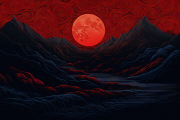 A red moon in the sky. Abstract background