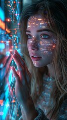 The elegant girl reached out and caressed the laptop screen revealing a vibrant circuit board design with a futuristic touch, Generated by AI - obrazy, fototapety, plakaty