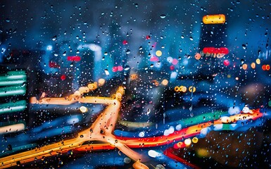 Abstract blur of city lights in a heavy rainfall. The raindrops create a dreamy, blurry effect, reflecting the bright neon lights and illuminated windows. 