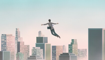 Success, business, freedom and dream concept art. Man flying and the city. conceptual artwork. surreal illustration.