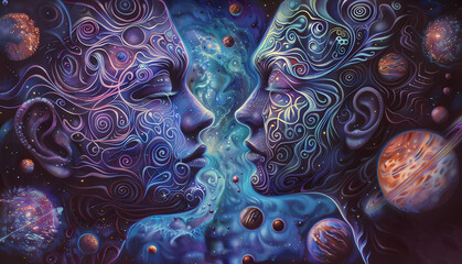Twin flame soulmates amidst a cosmic backdrop, their connection symbolized by two faces intertwined in a surreal embrace.
