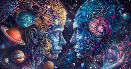 Twin flame soulmates amidst a cosmic backdrop, their connection symbolized by two faces intertwined in a surreal embrace.