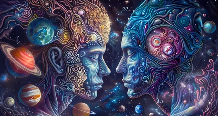 Afwasbaar fotobehang Twin flame soulmates amidst a cosmic backdrop, their connection symbolized by two faces intertwined in a surreal embrace. © ni