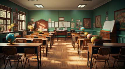 Fototapeta na wymiar Empty classroom at the end of the school year.