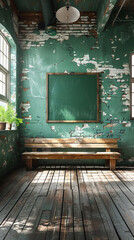 A wooden bench in the shabby and abandoned school classroom. The topic is the crisis of school education in poor countries.