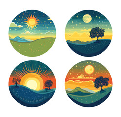 Country landscape day part cartoon vector collection. Round shape sunset dawn midnight sunny natural terrain night stars clouds sky elements illustration isolated on white background