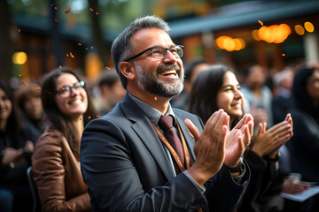 Proud graduates and university members applaud during the graduation ceremony.