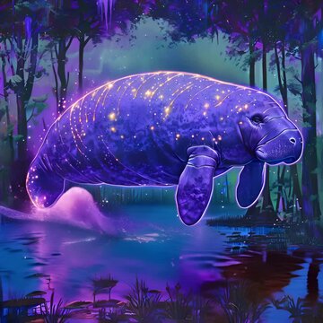 A purple manatee with a glowing purple tail swims through a purple swamp at night.