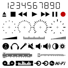 Audio, Video Icons and Graphic Elements. Set of stickers, decals, stencils isolated on white.