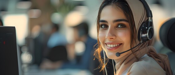 Illustration of call center worker wearing over-ear headphones for company business help desk and telephone assistance concept. Smiling while talking People talking on the phone will feel friendly. - obrazy, fototapety, plakaty
