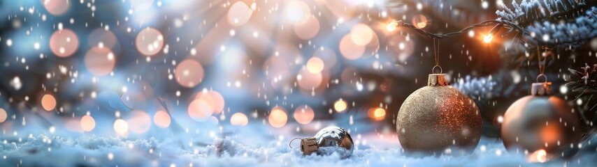 panoramic 32:9 landscape of a Christmas pine tree with Christmas balls in the forest with snow in winter in high resolution and high quality HD - obrazy, fototapety, plakaty