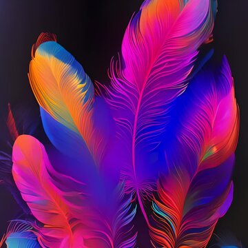 Abstract neon-colored feathers displayed artistically against a dark background, highlighting contrasts and elegance
