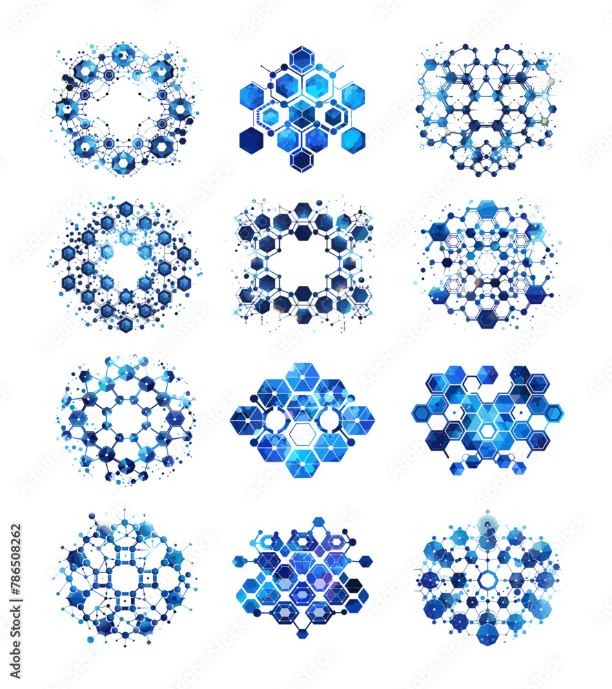 Poster crystal cell gradient vector set. hexagonal chemical compound microscopic material structure molecul