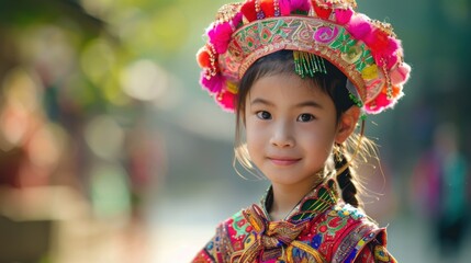 Fototapeta premium A portrait of an Asian girl in cultural attire, representing diversity and traditional fashion. 