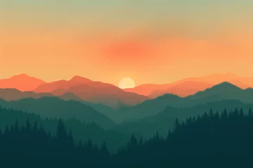 Deurstickers serene sunset over layered mountain landscape with forest silhouette © Klay