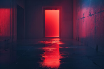 mysterious red illuminated door in a dark corridor with reflection