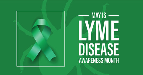 Lyme disease awareness month campaign banner. Green advocacy ribbon and tick silhouette. - obrazy, fototapety, plakaty